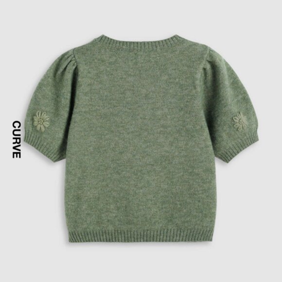 Wool-Blend Green Round Neck Flower Knitted Short Sleeve Top - NEW - Picture 2 of 15